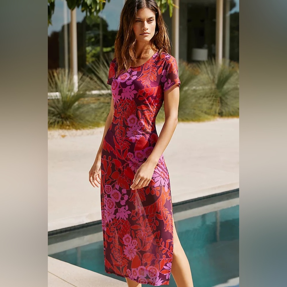 By Anthropologie Short-Sleeve Floral Purple Red Mesh Midi Dress size XL